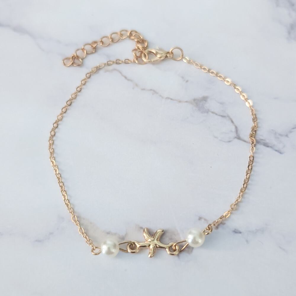 Bracelet / Anklet - Gold Tone & Faux Pearl Seaside Beach Theme